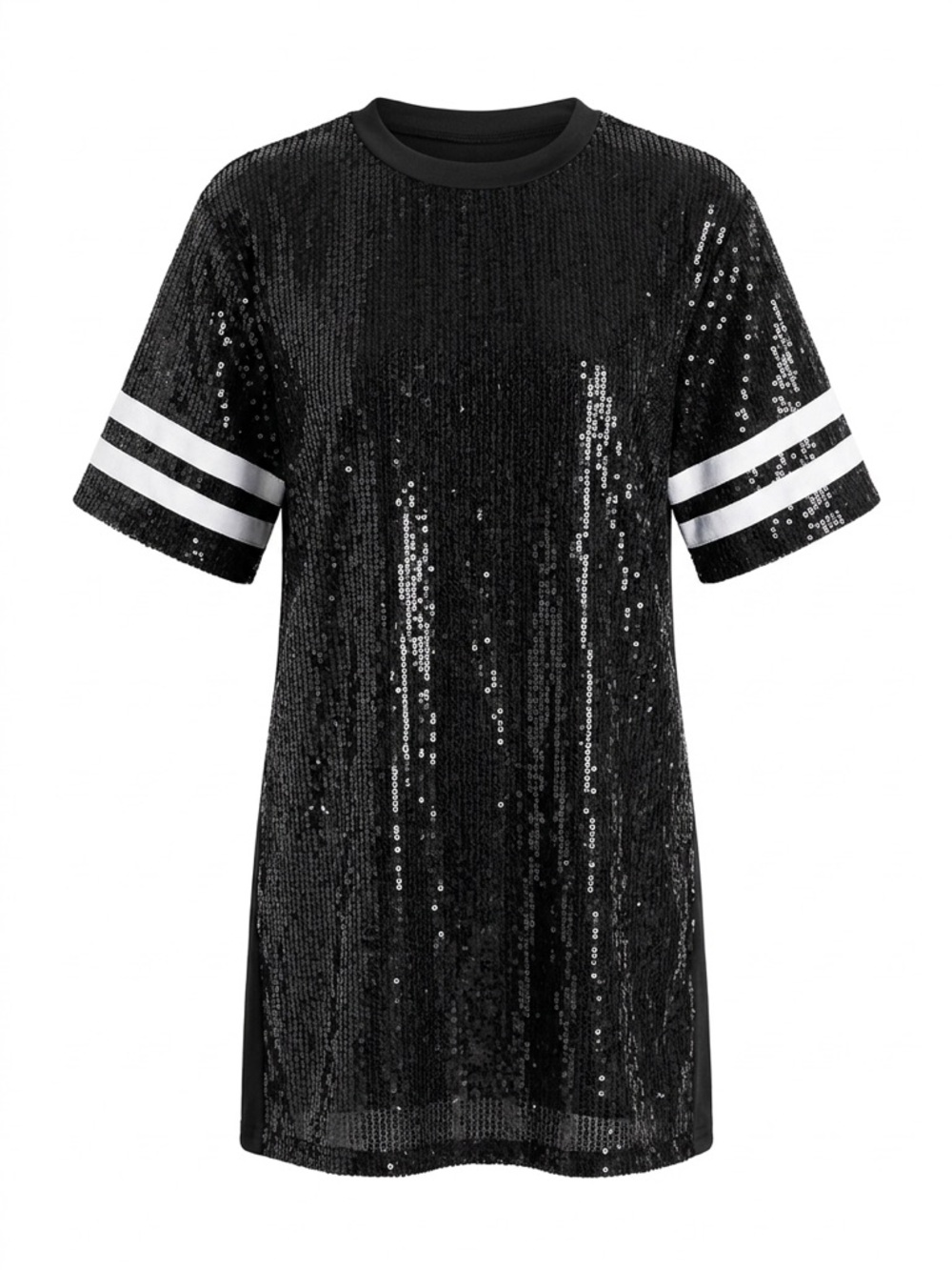 Black Sequin Short Sleeve Tee Dress - Unbranded